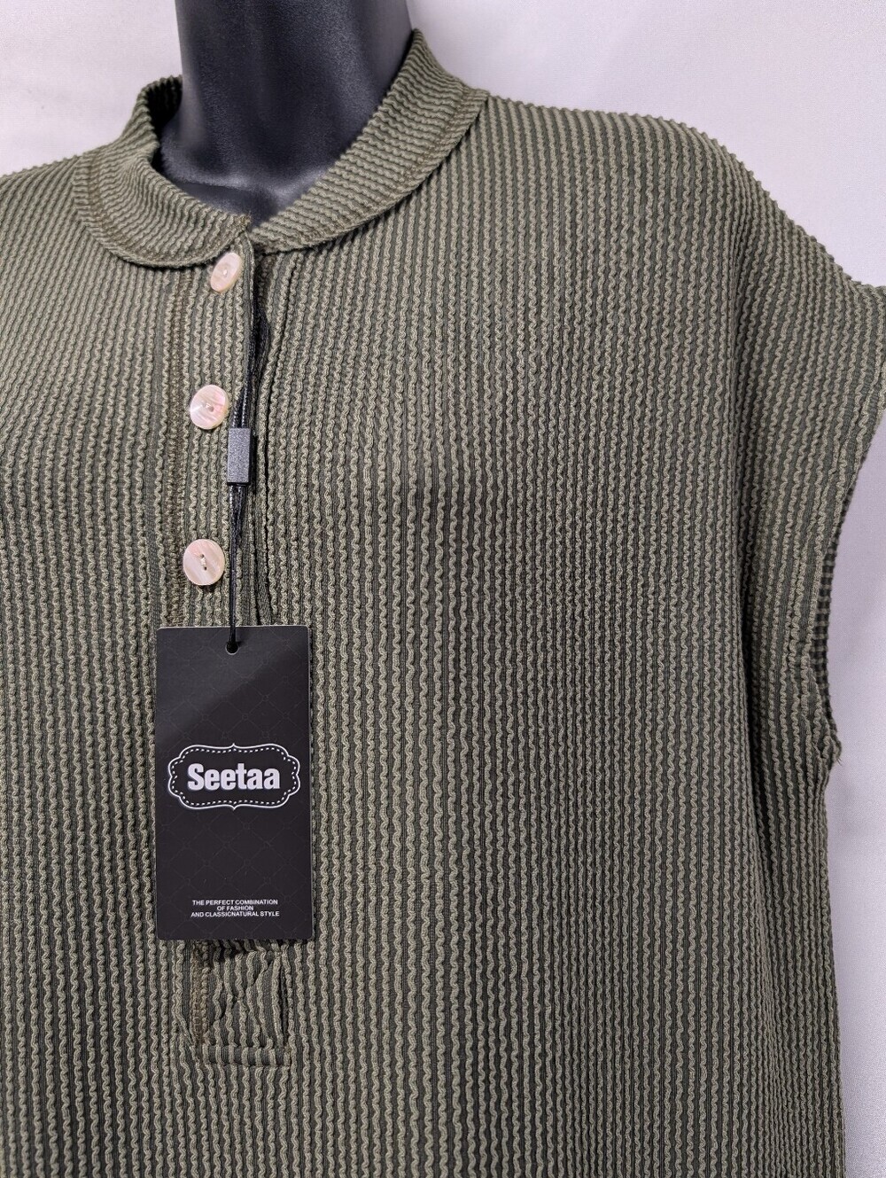 Seetaa Olive Green Ribbed Knit Midi Dress Large Pockets Side Slits Collared NWT - Picture 5 of 9